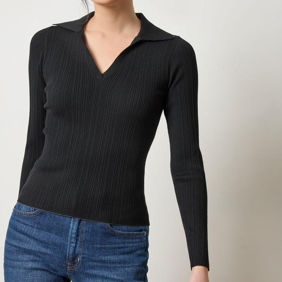 Long Sleeve Rib Henley Sweater Womens Sweater Black A1