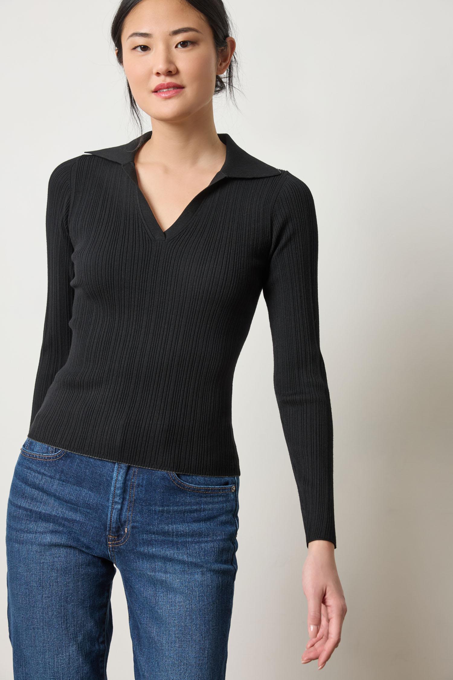 Long Sleeve Rib Henley Sweater Womens Sweater Black A1