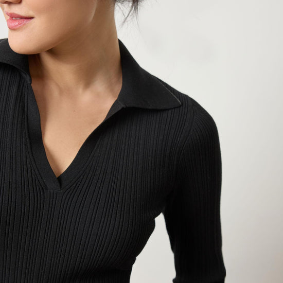 Long Sleeve Rib Henley Sweater Womens Sweater Black A3