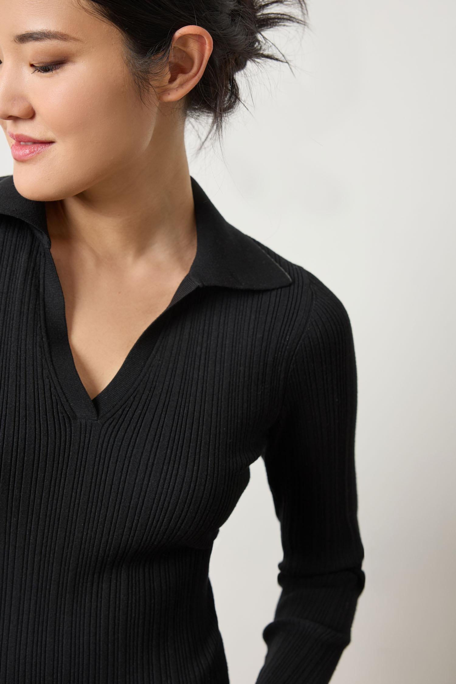 Long Sleeve Rib Henley Sweater Womens Sweater Black A3