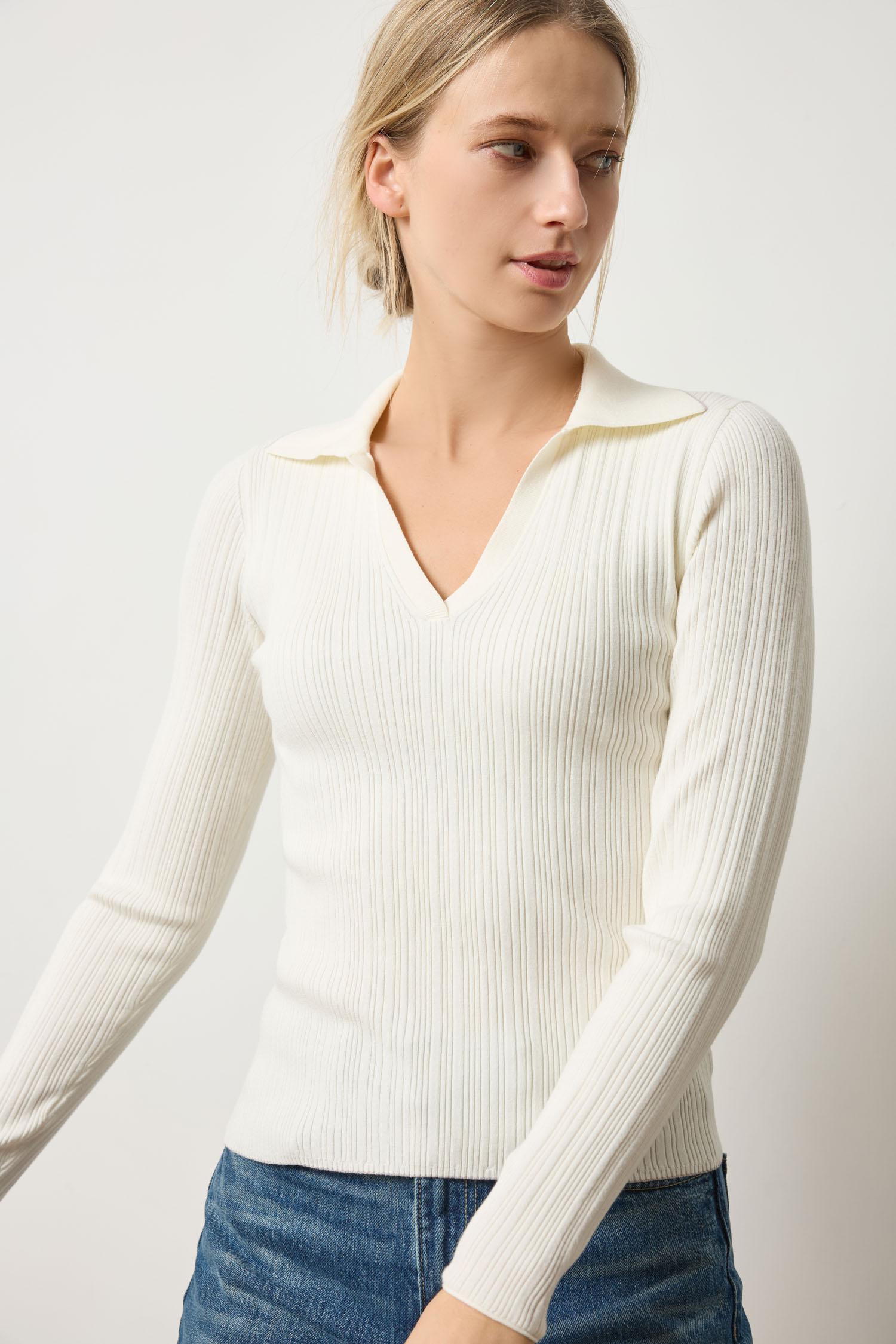 Long Sleeve Rib Henley Sweater Womens Sweater Cream A1