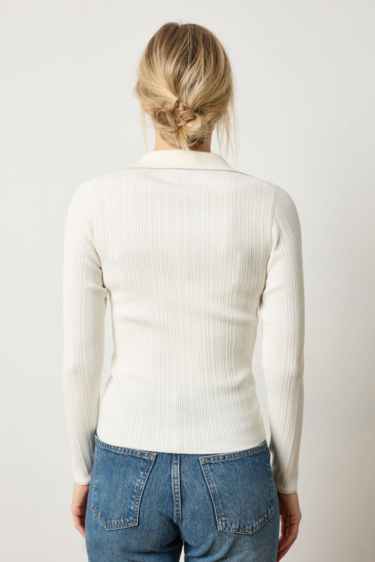 Long Sleeve Rib Henley Sweater Womens Sweater Cream A2