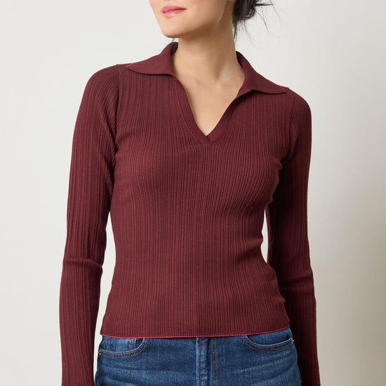Long Sleeve Rib Henley Sweater Womens Sweater Dark Cherry A1