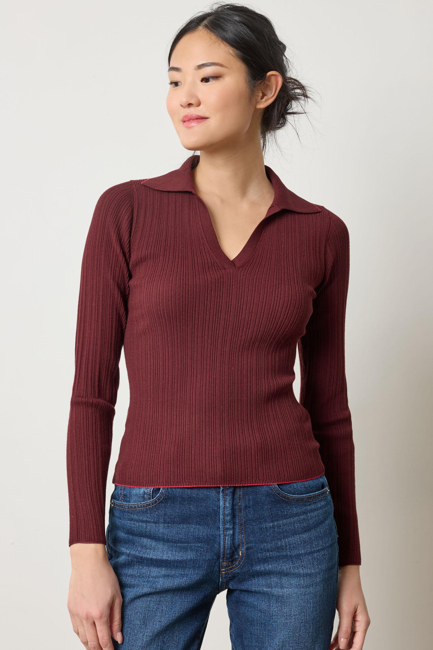 Long Sleeve Rib Henley Sweater Womens Sweater Dark Cherry A1