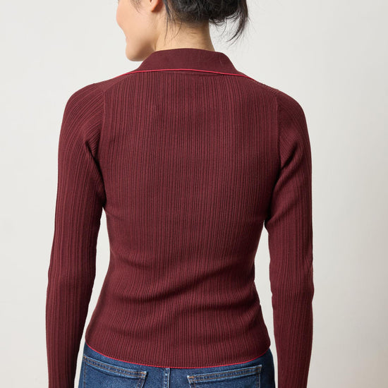Long Sleeve Rib Henley Sweater Womens Sweater Dark Cherry A2