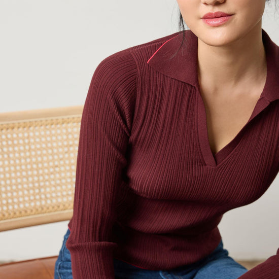 Long Sleeve Rib Henley Sweater Womens Sweater Dark Cherry A3