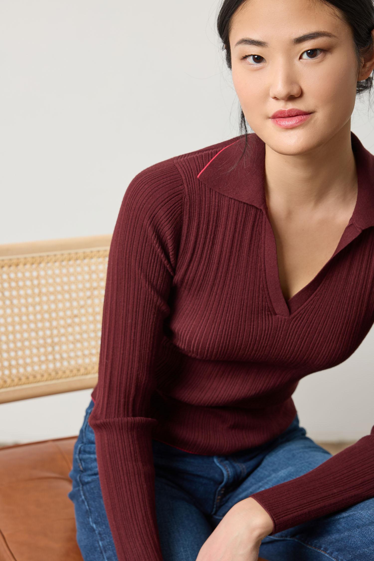 Long Sleeve Rib Henley Sweater Womens Sweater Dark Cherry A3