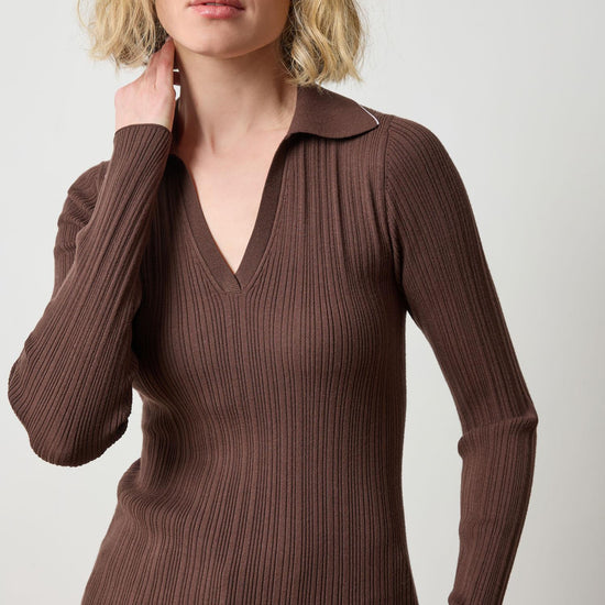 Long Sleeve Rib Henley Sweater Womens Sweater Mink A1