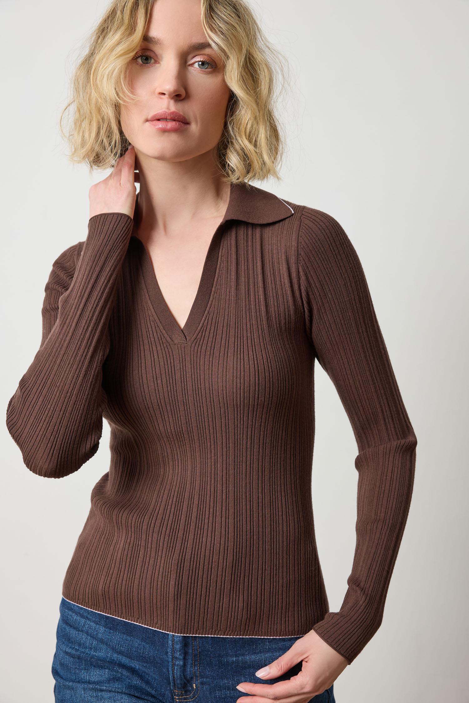 Long Sleeve Rib Henley Sweater Womens Sweater Mink A1