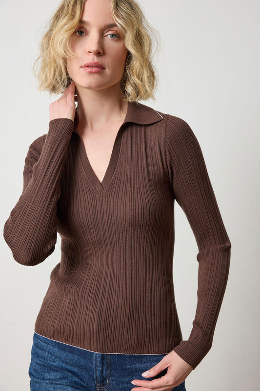 Long Sleeve Rib Henley Sweater Womens Sweater Mink A1