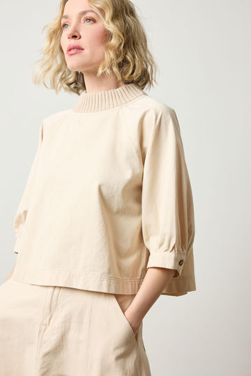 Knit Collar Twill Top in color Eggshell Image A1