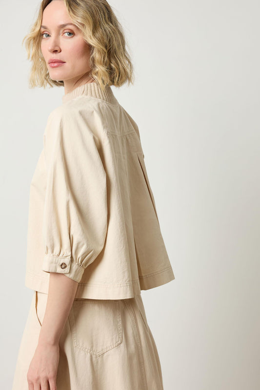 Knit Collar Twill Top in color Eggshell Image A3