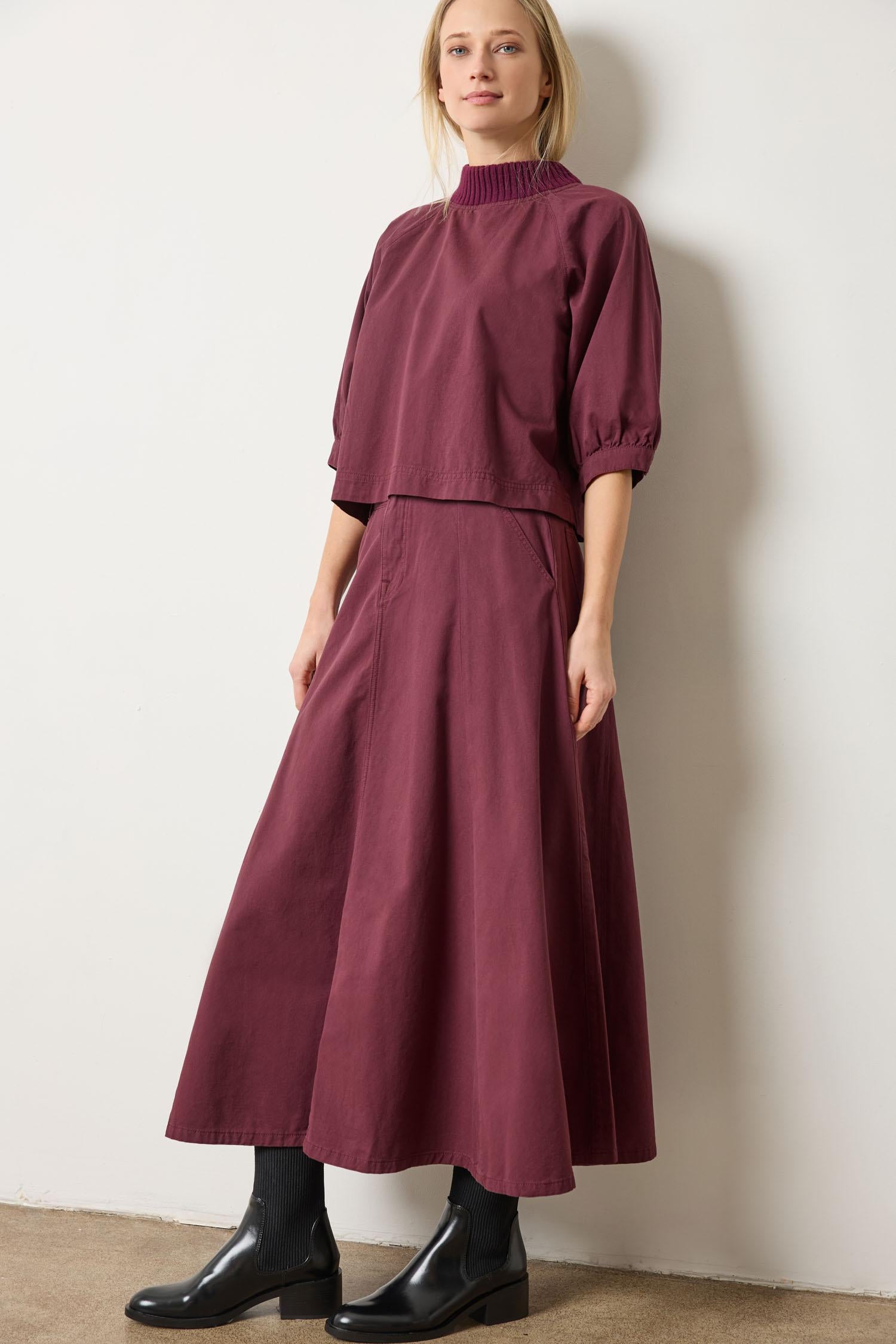 Knit Collar Twill Top in color Merlot Image A0
