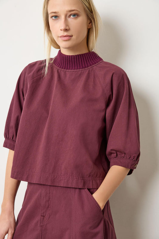 Knit Collar Twill Top in color Merlot Image A1