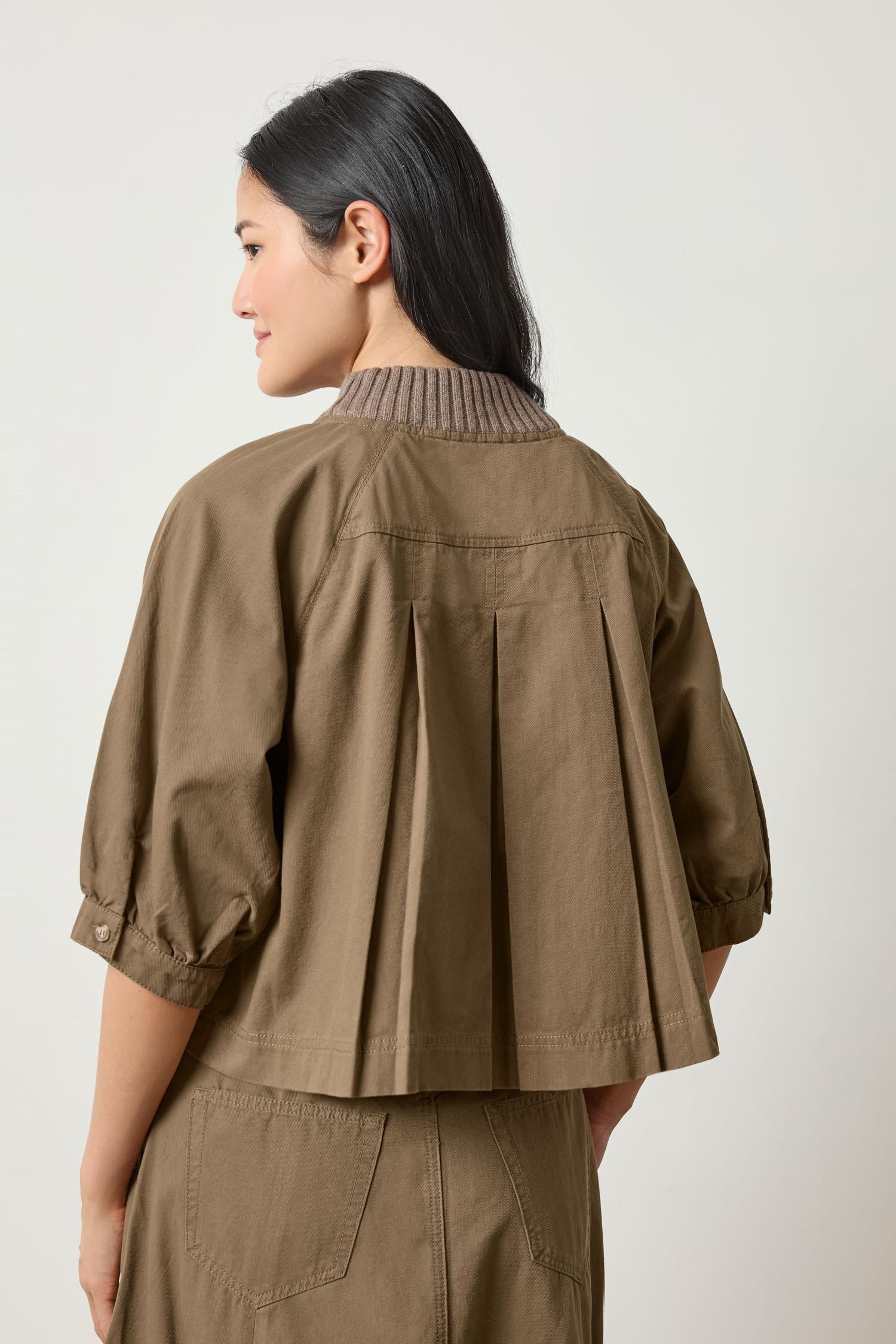 Knit Collar Twill Top in color Parsley Image A2