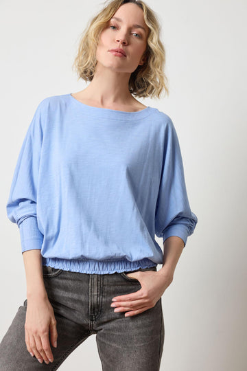 Elastic Hem Dolman Boatneck in color Wedgewood Image A1