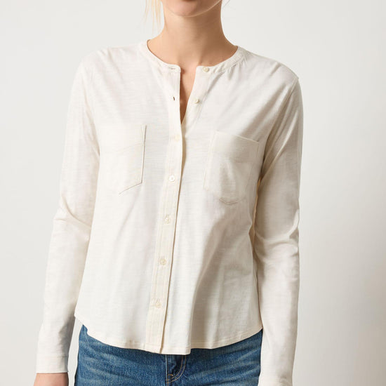 Mandarin Collar Button Down in color Talc Image A1