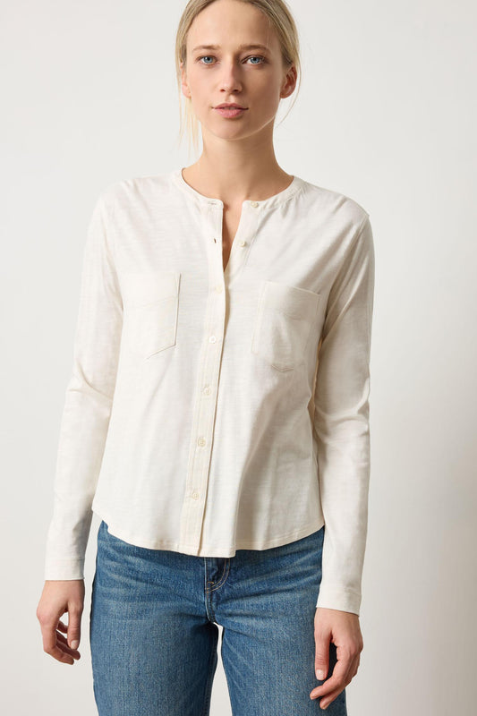 Mandarin Collar Button Down in color Talc Image A1