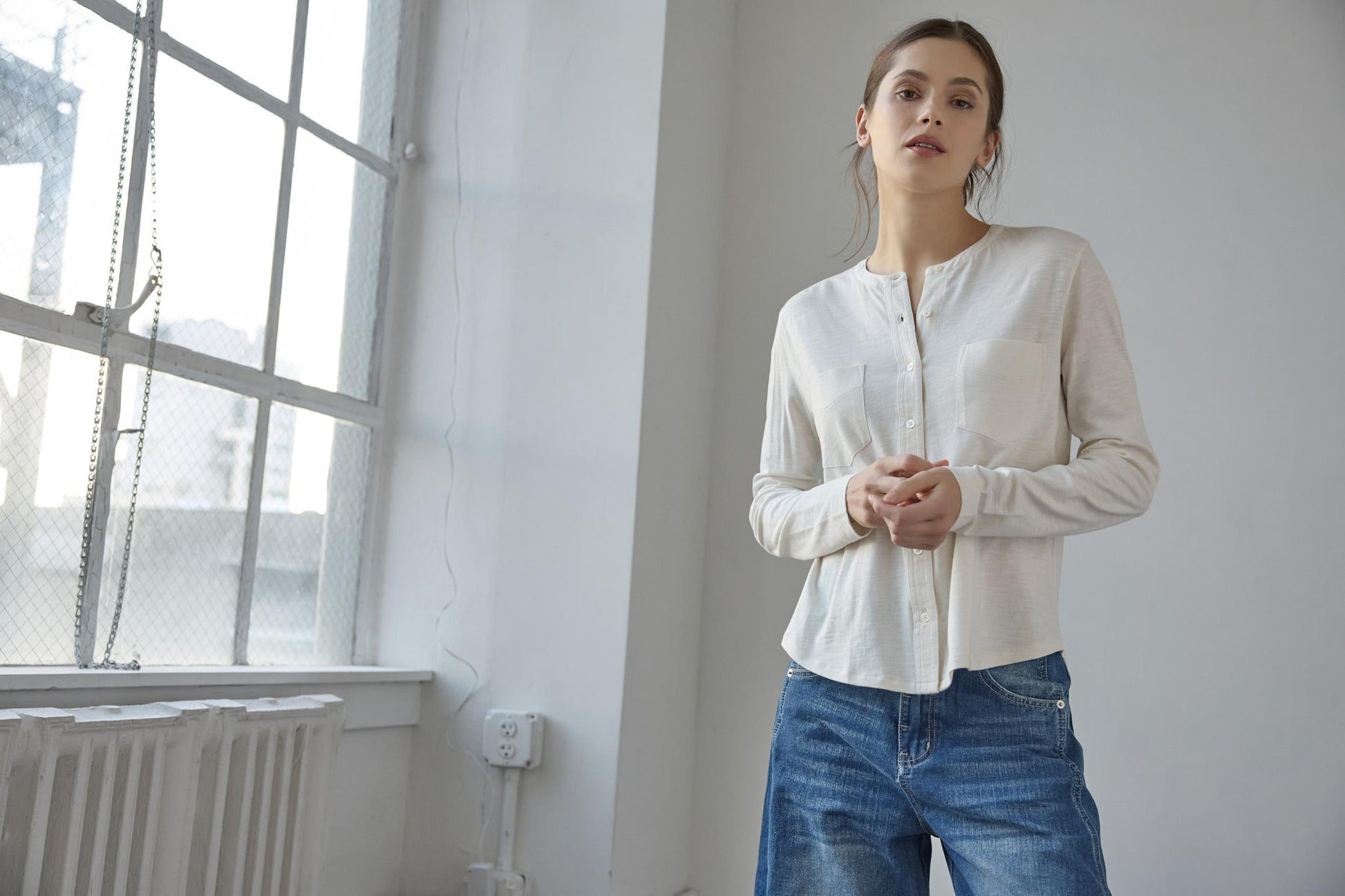 Mandarin Collar Button Down in color Talc Image C0