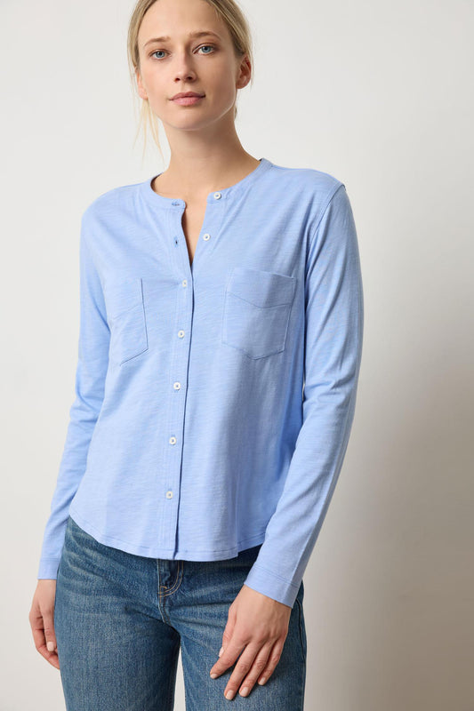 Mandarin Collar Button Down in color Wedgewood Image A1