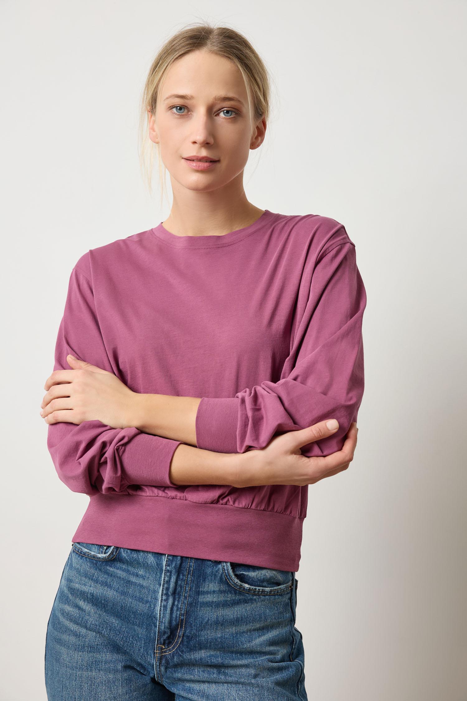 Ribbed Trim Easy Crew Womens Top Vintage Plum A3