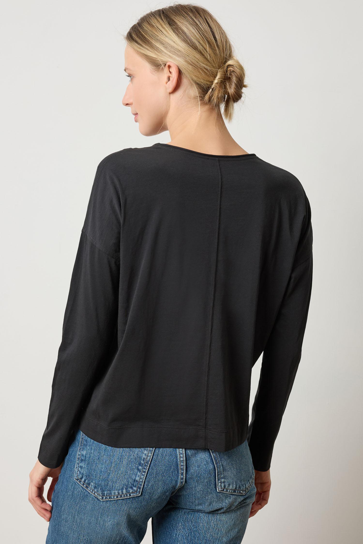 Long Sleeve Cut Edge V-Neck Womens Top Black A2