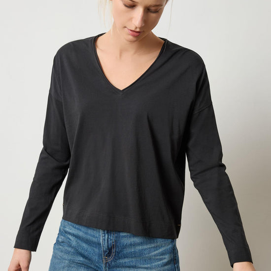 Long Sleeve Cut Edge V-Neck Womens Top Black A3