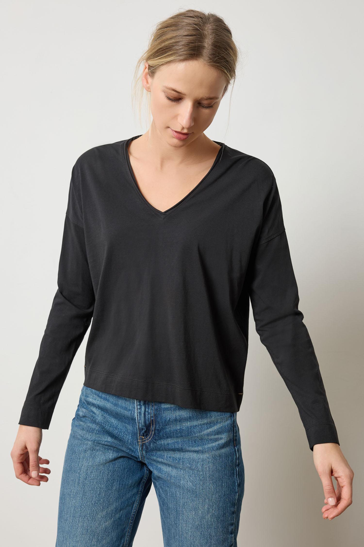 Long Sleeve Cut Edge V-Neck Womens Top Black A3