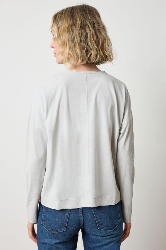 Long Sleeve Cut Edge V-Neck Womens Top Grey Mist A2