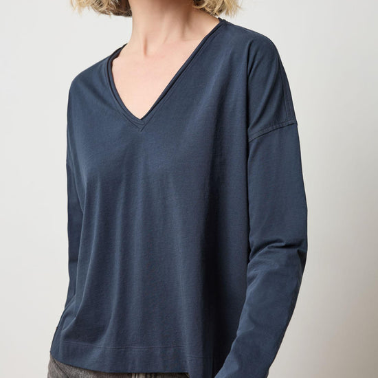 Long Sleeve Cut Edge V-Neck Womens Top Navy A1