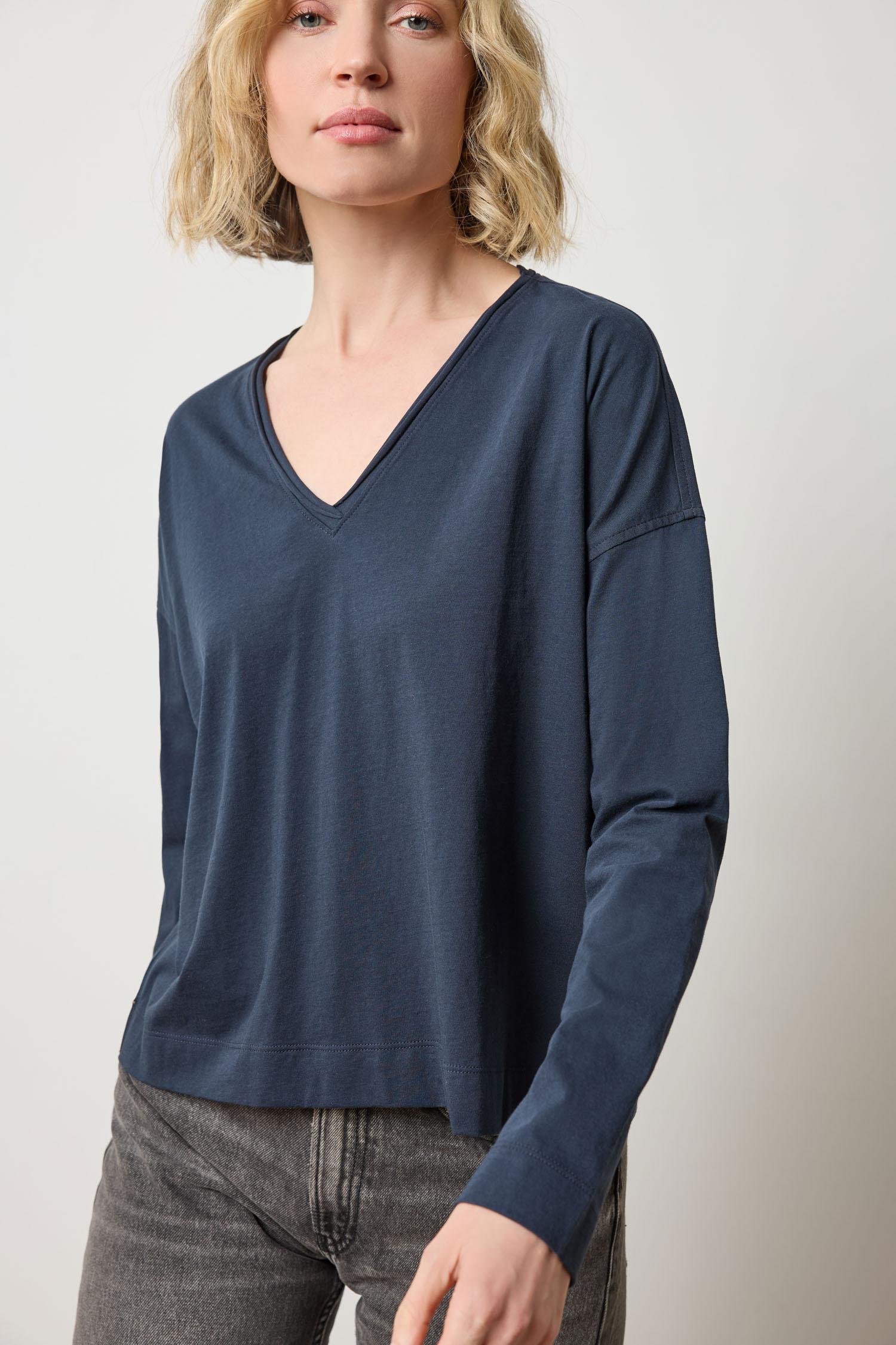 Long Sleeve Cut Edge V-Neck Womens Top Navy A1