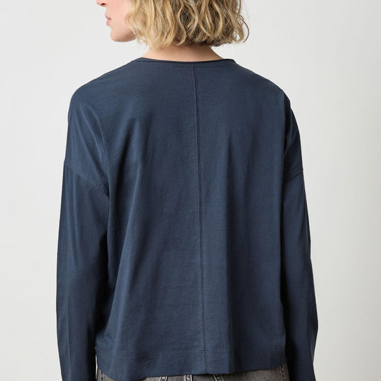 Long Sleeve Cut Edge V-Neck Womens Top Navy A2