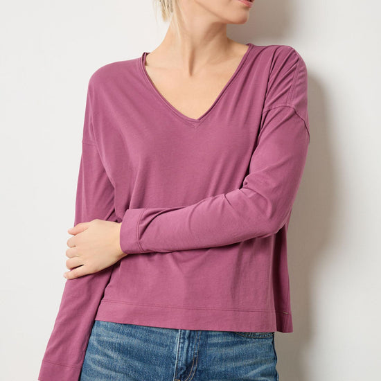 Long Sleeve Cut Edge V-Neck Womens Top Vintage Plum A1