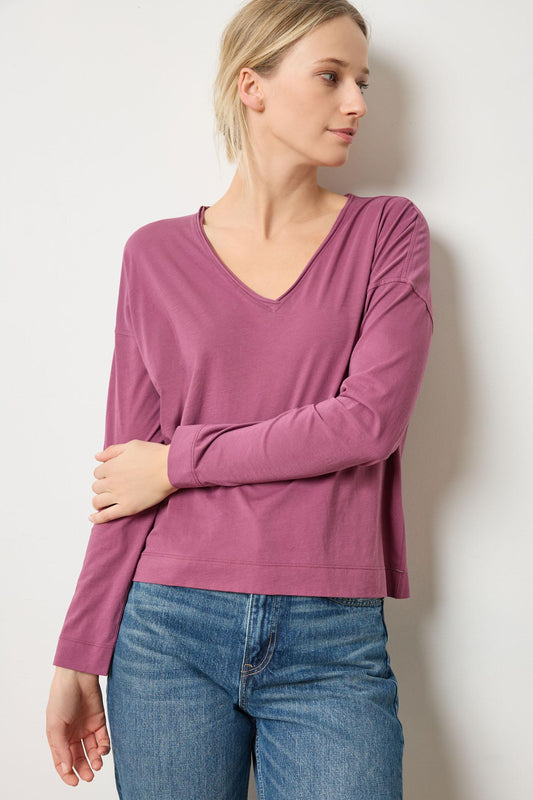 Long Sleeve Cut Edge V-Neck Womens Top Vintage Plum A1