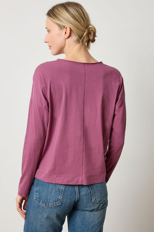 Long Sleeve Cut Edge V-Neck Womens Top Vintage Plum A2