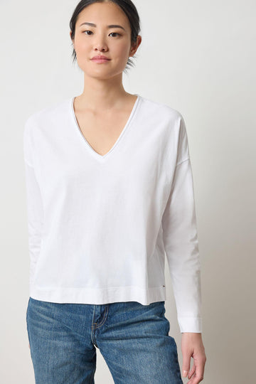 Long Sleeve Cut Edge V-Neck Womens Top White A1