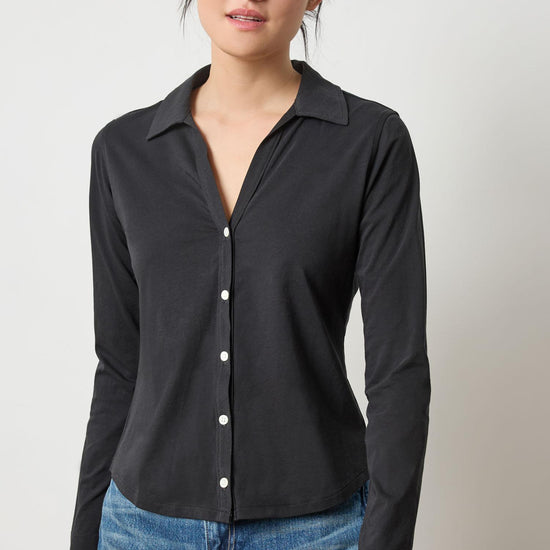 Split Collar Button Down Womens Top Black A1