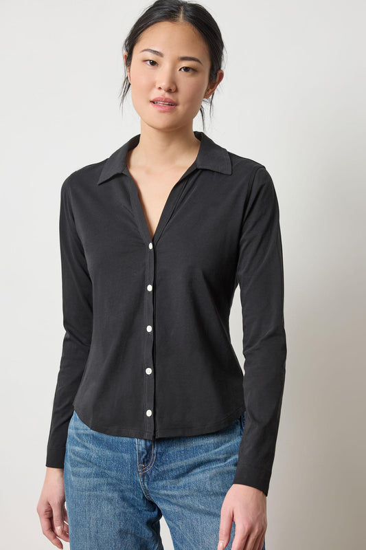Split Collar Button Down Womens Top Black A1