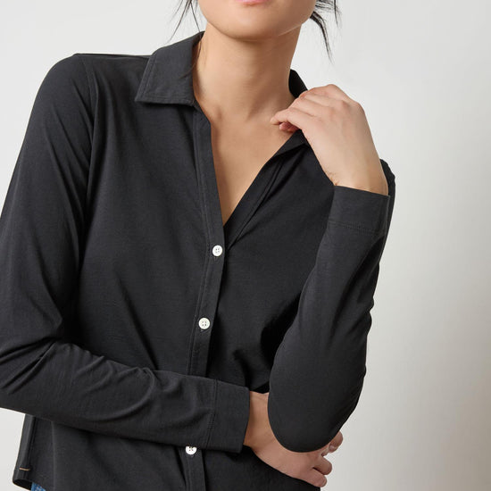 Split Collar Button Down Womens Top Black A2