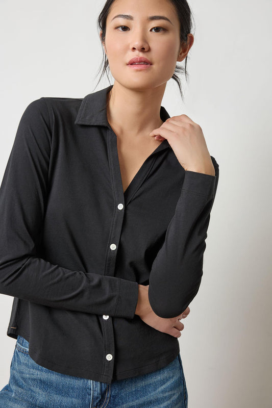 Split Collar Button Down Womens Top Black A2