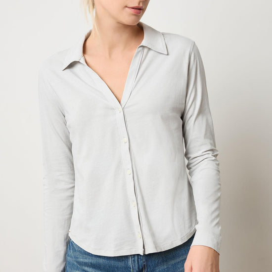 Split Collar Button Down Womens Top Grey Mist A1