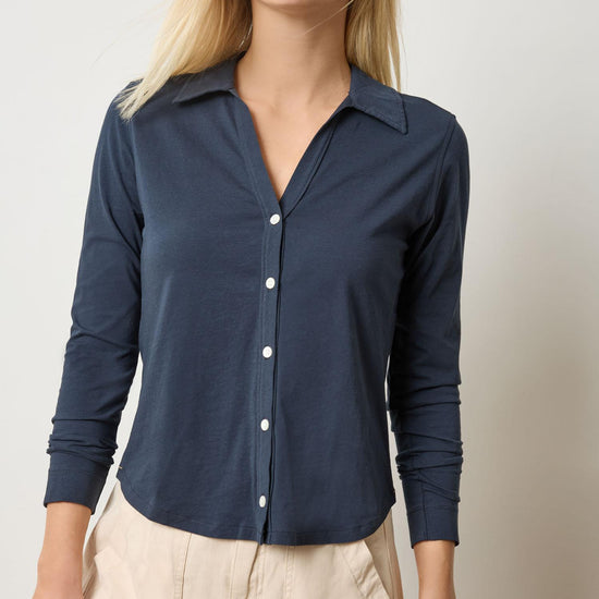 Split Collar Button Down Womens Top Navy A1