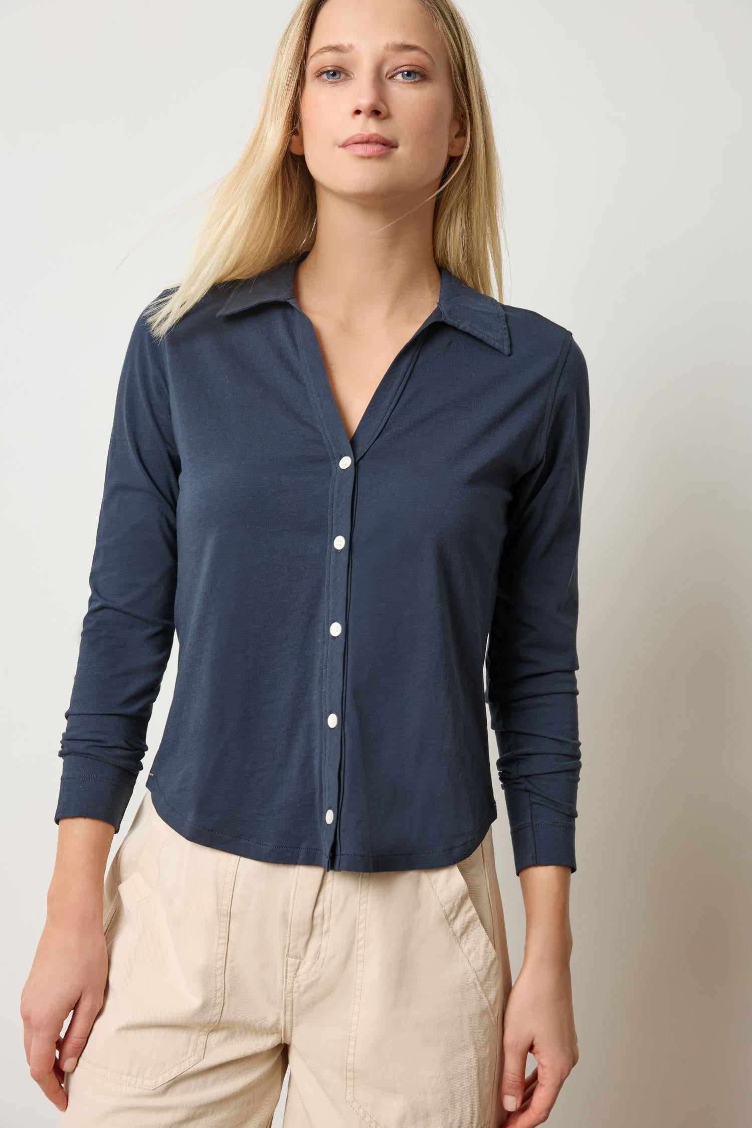 Split Collar Button Down Womens Top Navy A1