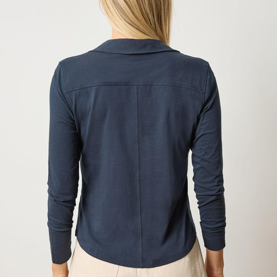 Split Collar Button Down Womens Top Navy A2