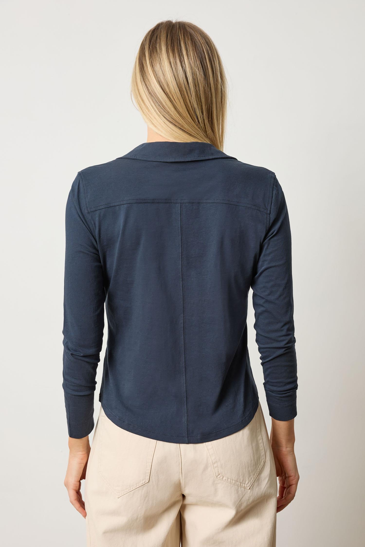 Split Collar Button Down Womens Top Navy A2