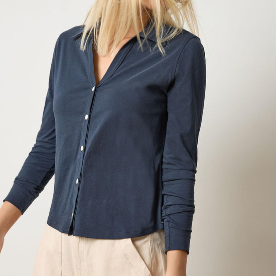 Split Collar Button Down Womens Top Navy A3