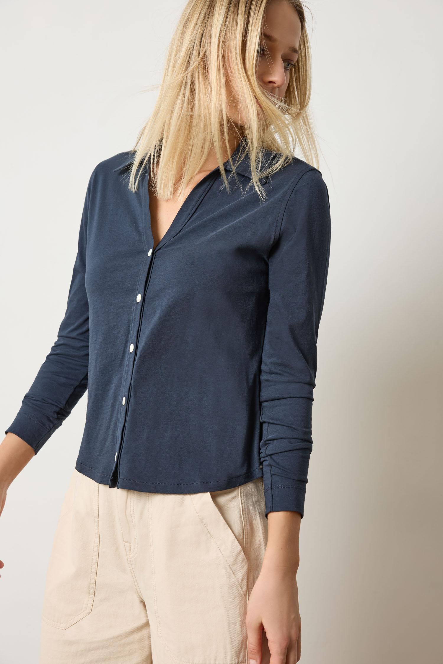 Split Collar Button Down Womens Top Navy A3