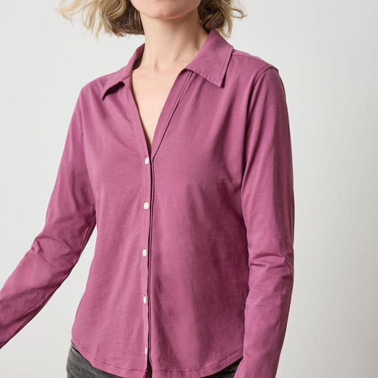 Split Collar Button Down Womens Top Vintage Plum A1