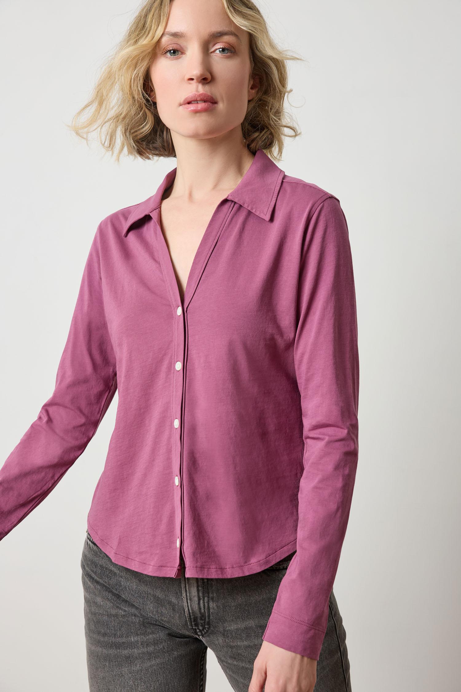 Split Collar Button Down Womens Top Vintage Plum A1