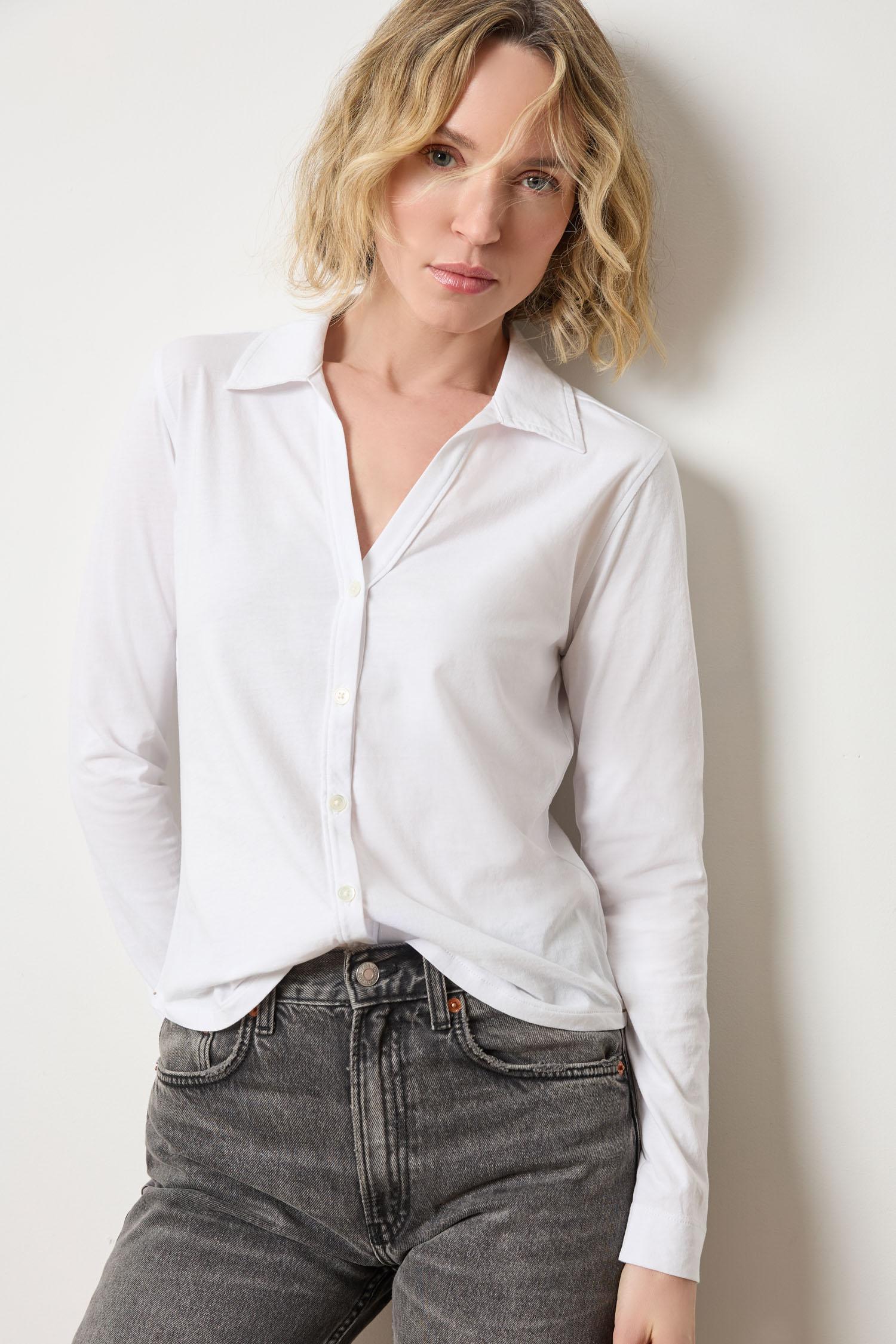 Split Collar Button Down Womens Top White A1